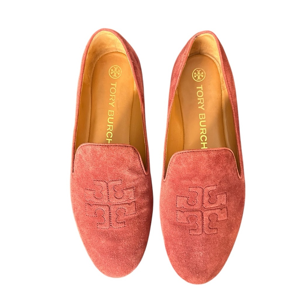 Tory Burch Leigh Rust color Suede Logo Round Toe Slip On Flats Loafers Sz 8.5 - Picture 1 of 10
